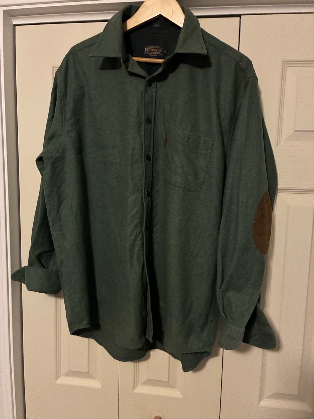 Pendleton Green Wool Button-Down Shirt with Suede Elbow Patches